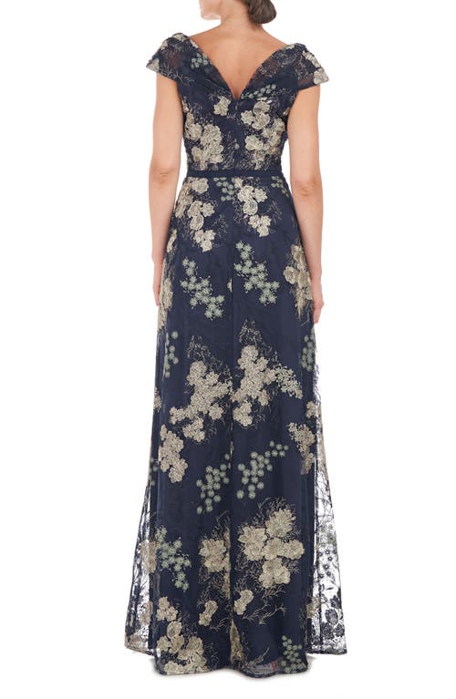 Js Collections Camilla Twist Floral Embroidered A-line Gown In Navy/jade