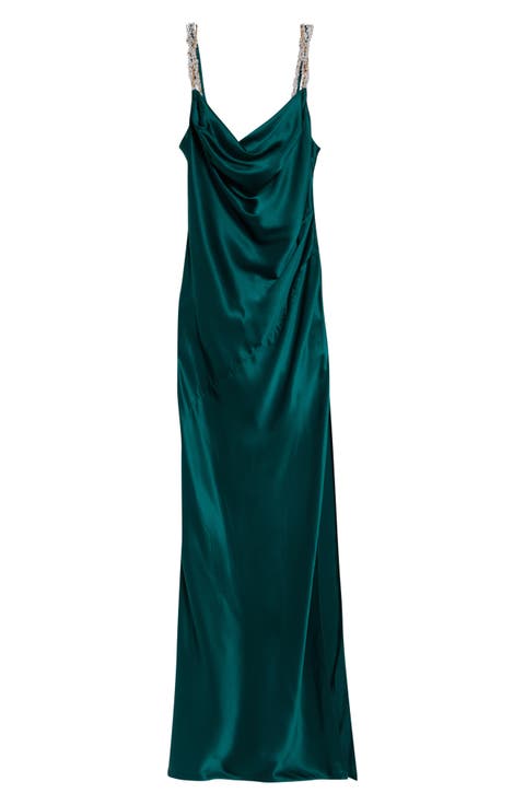 Embellished Strap Cowl Neck Silk Column Gown