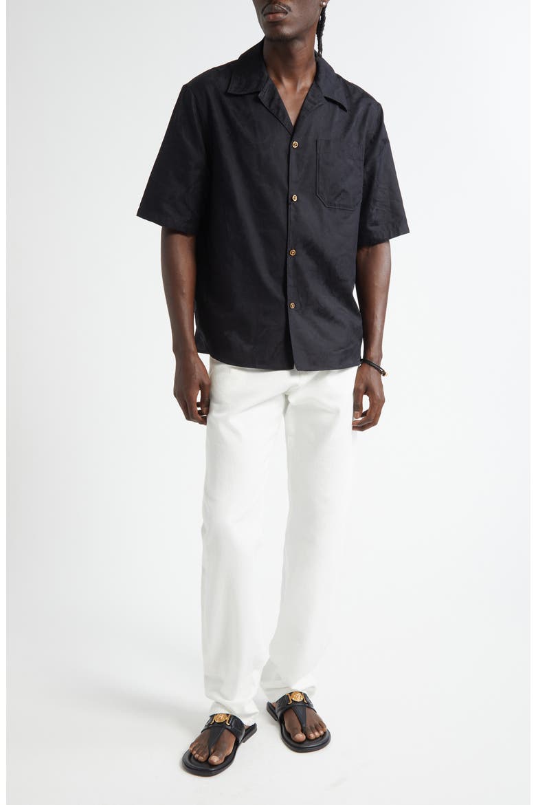 Barocco Jacquard Cotton Poplin Camp Shirt, Alternate, color, BLACK