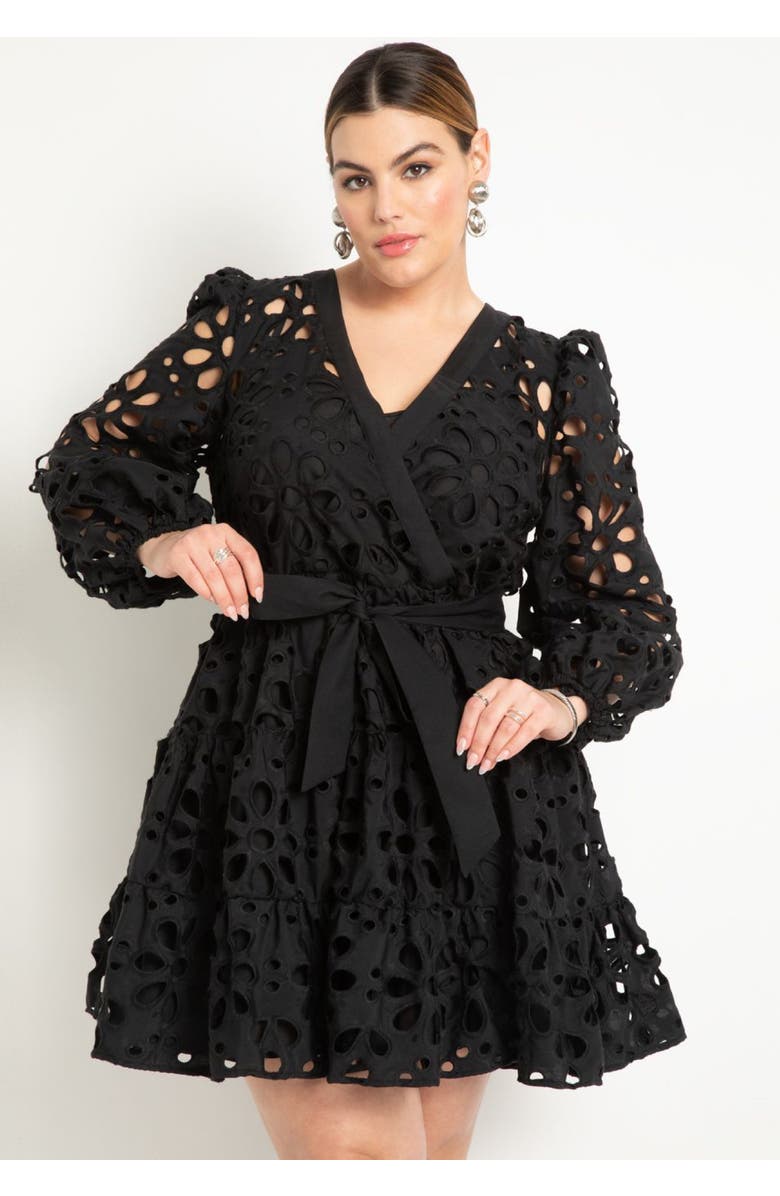 ELOQUII Tiered Eyelet Mini Dress, Alternate, color, Black Onyx