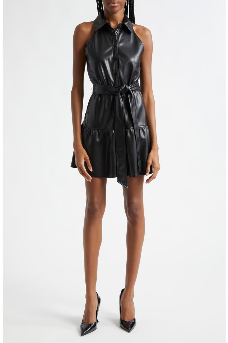 Miranda Tiered Faux Leather Mini Shirtdress, Main, color, BLACK