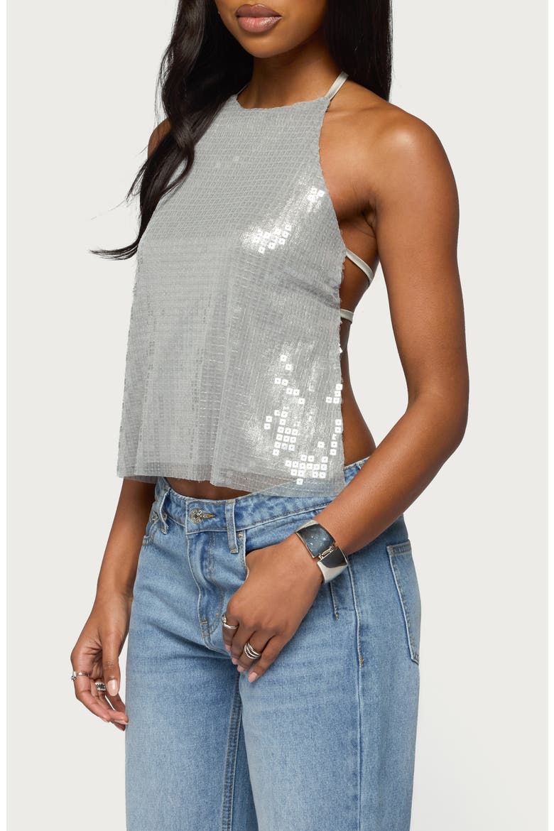 Itara Sequin Open Back Halter Top, Alternate, color, SILVER