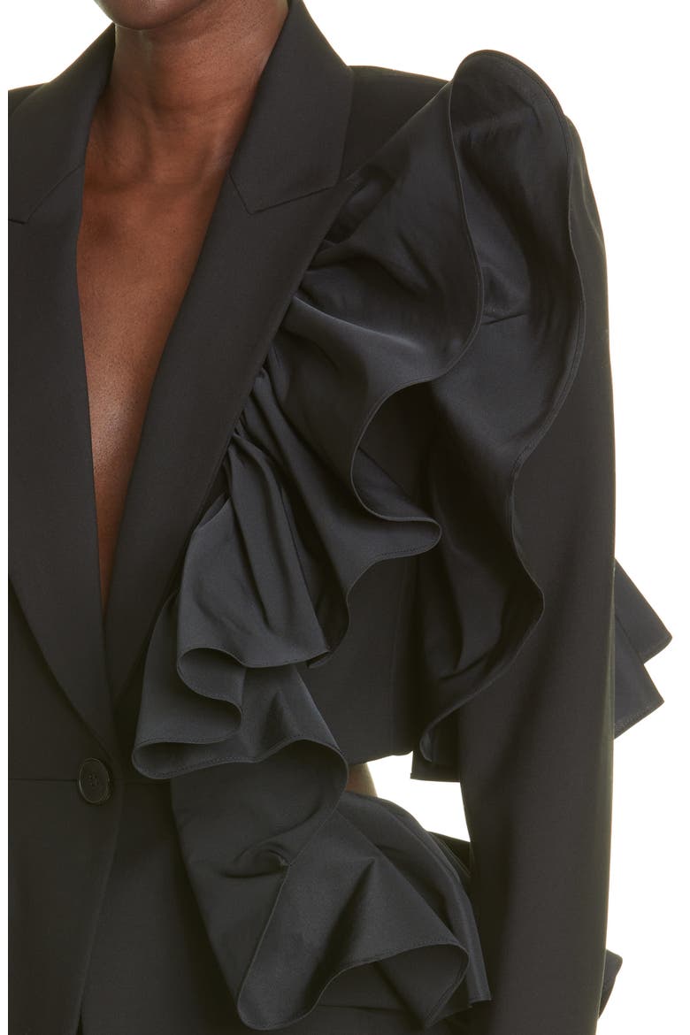 Alexander McQueen Open Back Ruffle Blazer, Alternate, color, BLACK