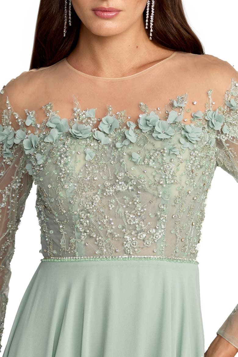 Chiffon Beaded Long Sleeve Illusion Neck Gown, Alternate, color, Sage