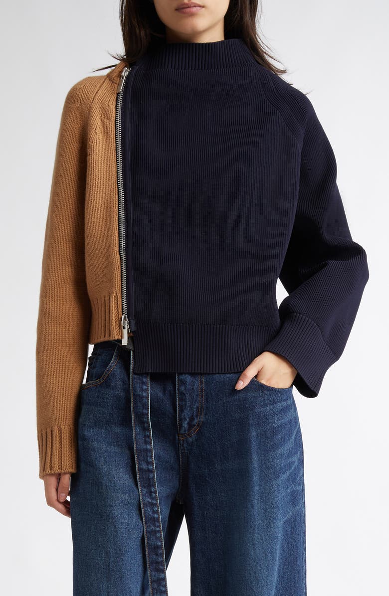 Sacai Two-Tone Asymmetric Zip Sweater, Main, color, 