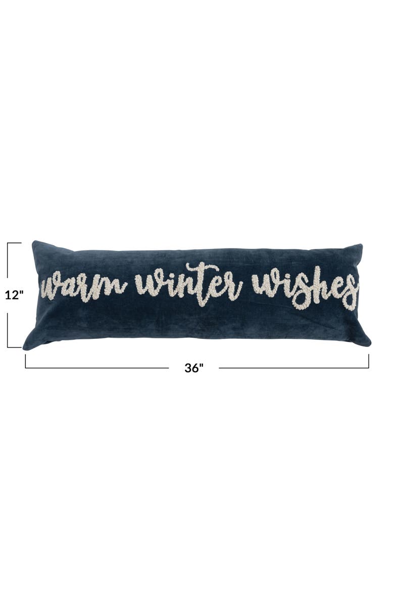 Woven Cotton Velvet Lumbar Pillow with Embroidered "Warm Winter Wishes", Navy and Cream, Alternate, color, Navy