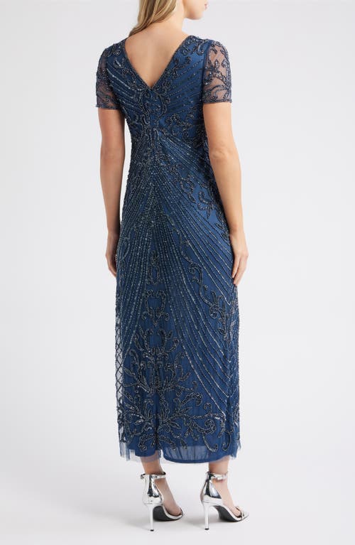Pisarro Nights Illusion Beaded Mesh Column Gown In Blue