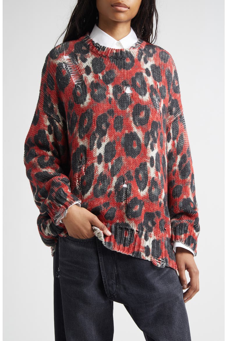 Distressed Leopard Print Sweater, Main, color, RED/ BLACK LEOPARD