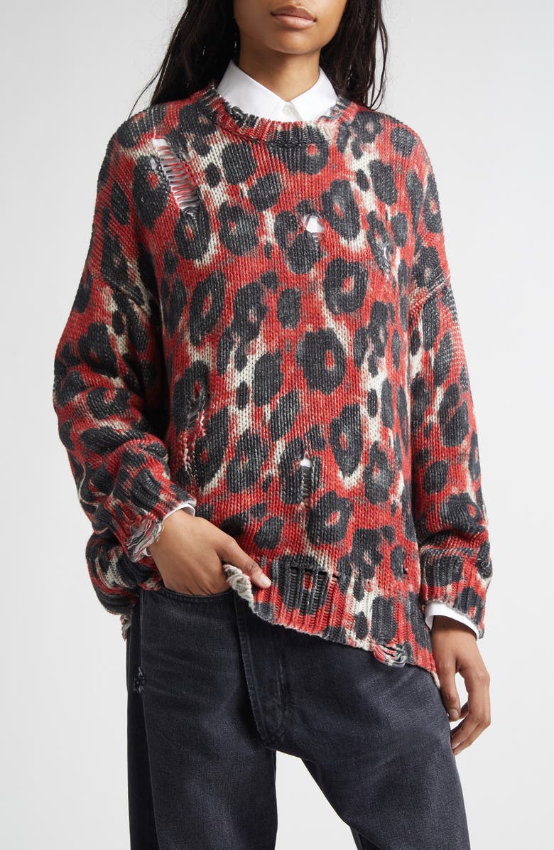 R13 Distressed Leopard Print Sweater, Main, color, Red/ Black Leopard