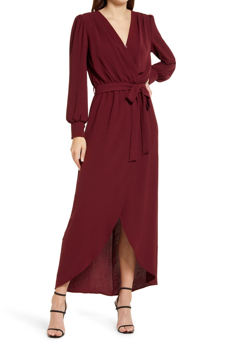 Wrap Front Long Sleeve Dress, Main, color, BURGUNDY