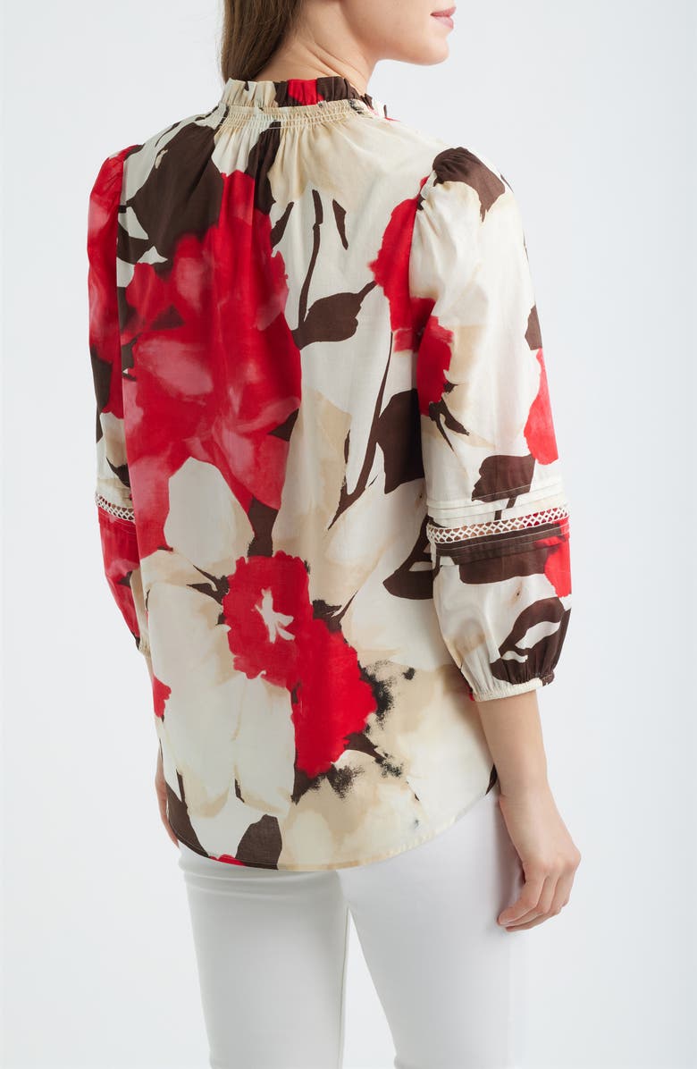 Anne Klein Ruffle Neck Cotton Button-Up Shirt, Alternate, color, White Dove Multi