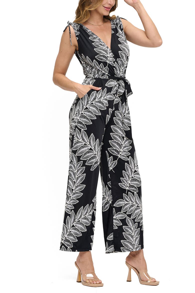 Tie Waist Wide Leg Jumpsuit, Alternate, color, BLACK LEAF