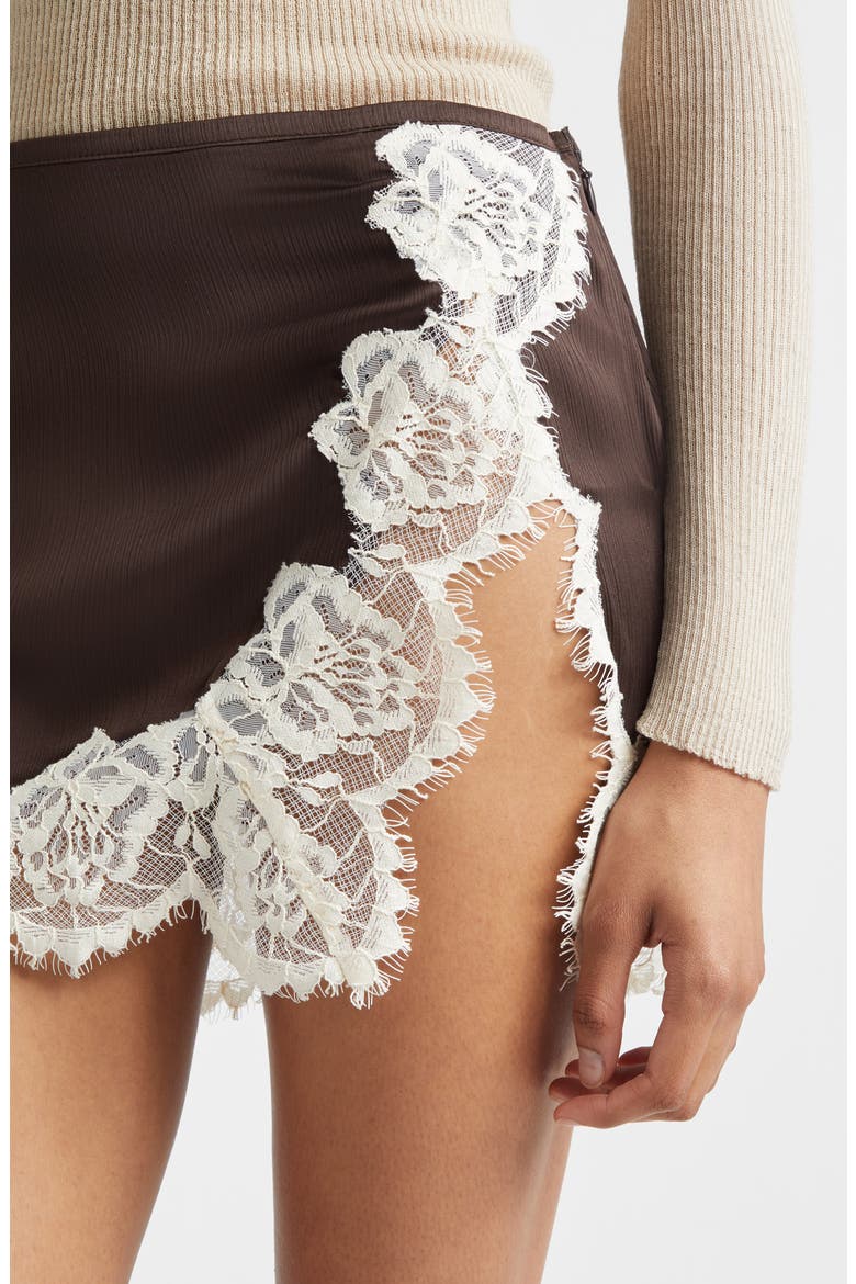 Niera Lace Trim Satin Miniskirt, Alternate, color, DARK BROWN/ WHITE