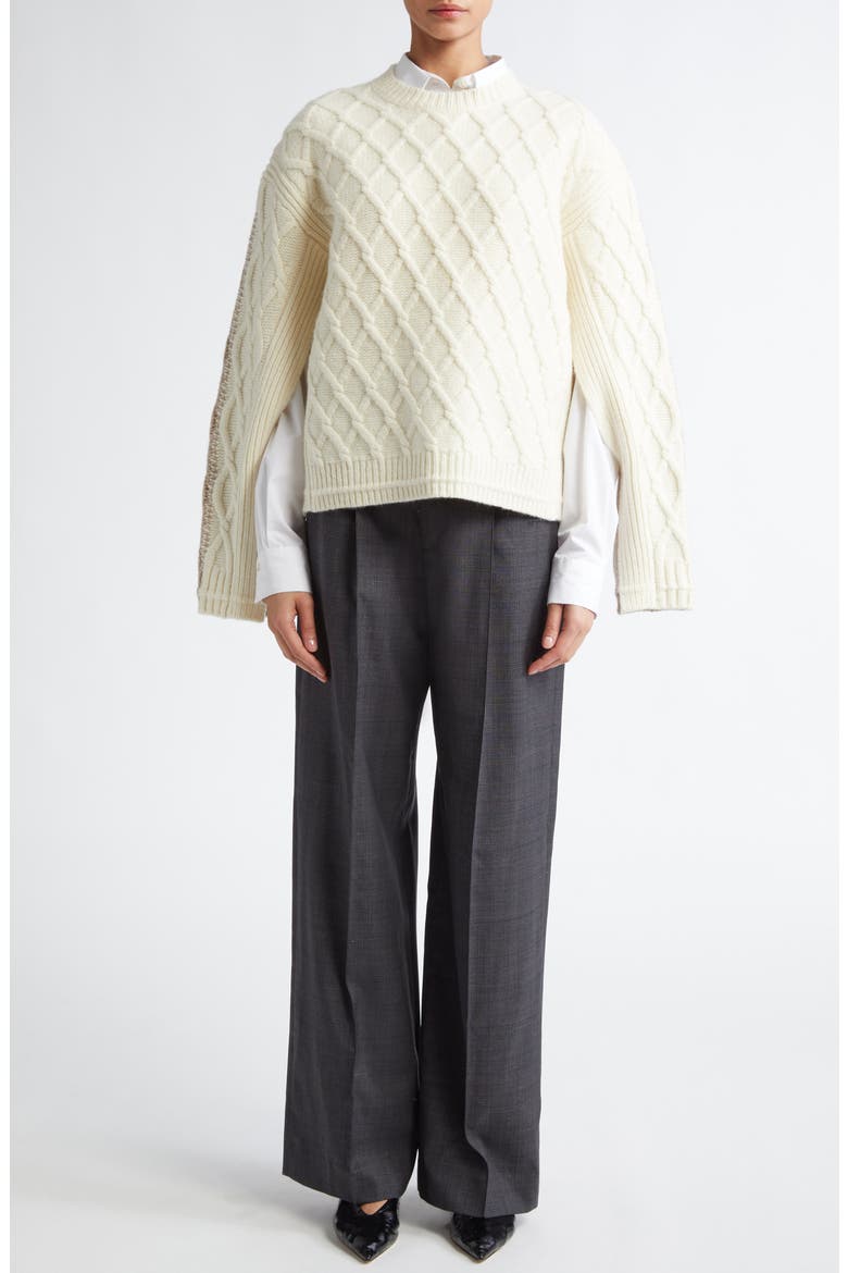 Two-Tone Merino Wool Twisted Cable Crewneck Sweater, Alternate, color, IVORY/ STONE