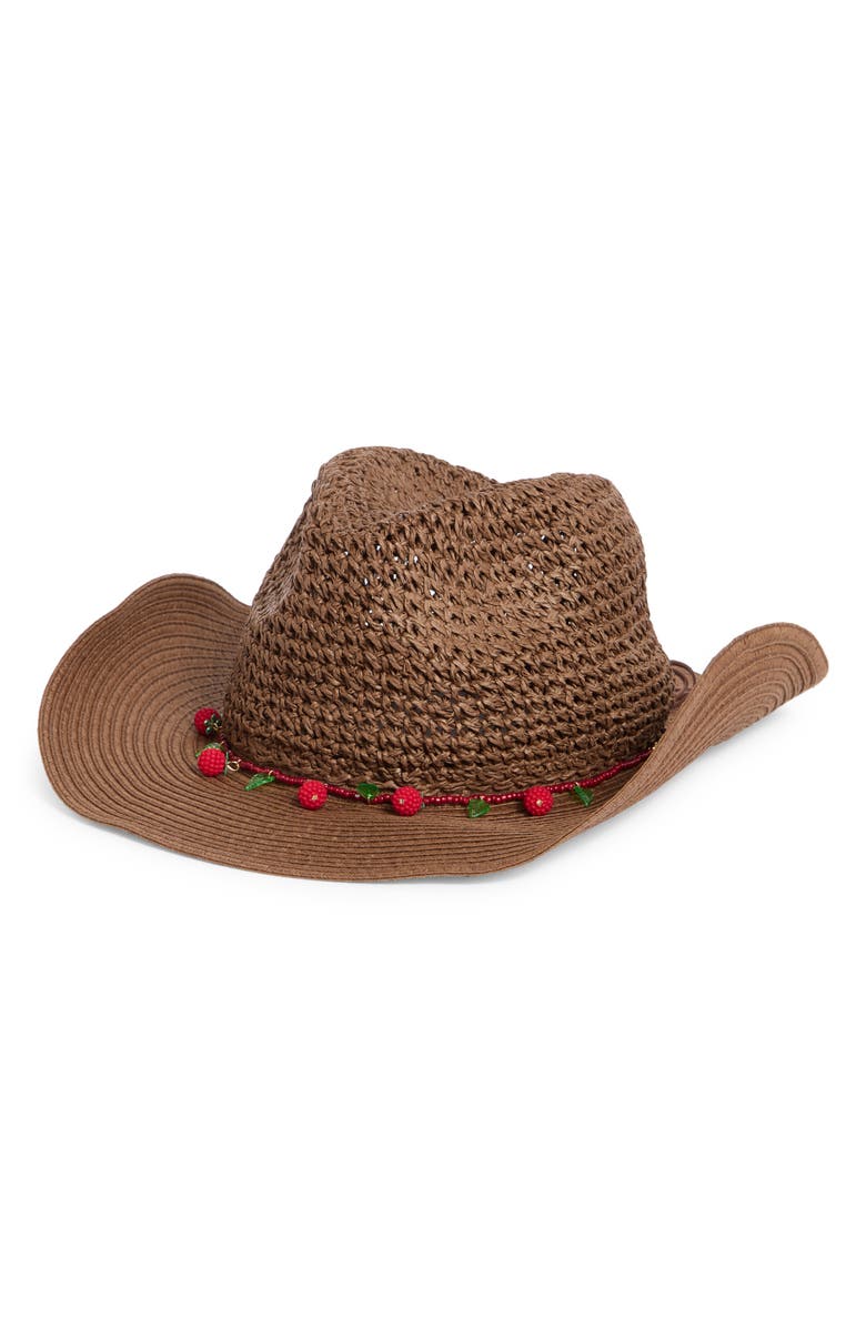 BCBGeneration Crochet Straw Cowboy Hat with Bead Trim, Main, color, Brown