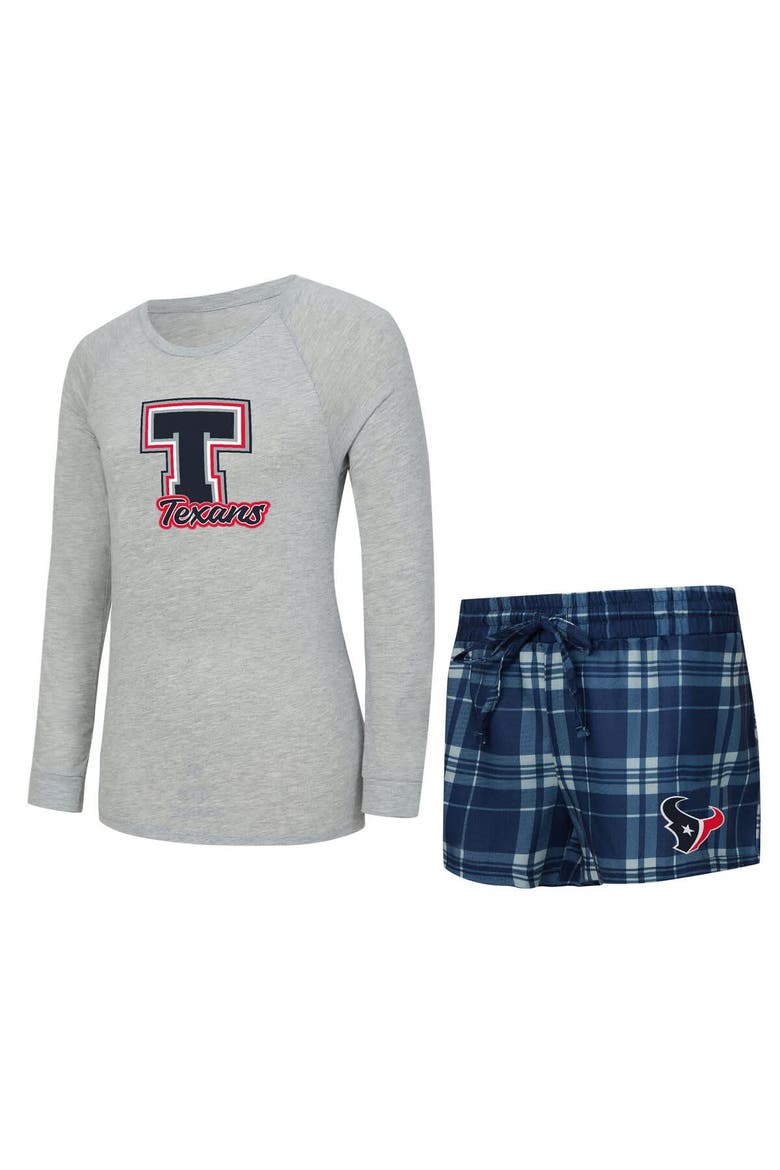 Women's Concepts Sport  Heather Gray/Navy Houston Texans Regulate Plaid Long-Sleeve T-Shirt & Shorts Sleep Set, Main, color, Heather Gray
