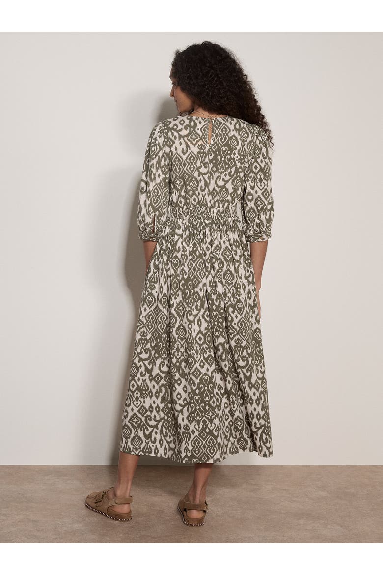 Ikat V-Neck 3/4 Sleeve Midi Dress, Alternate, color, Khaki