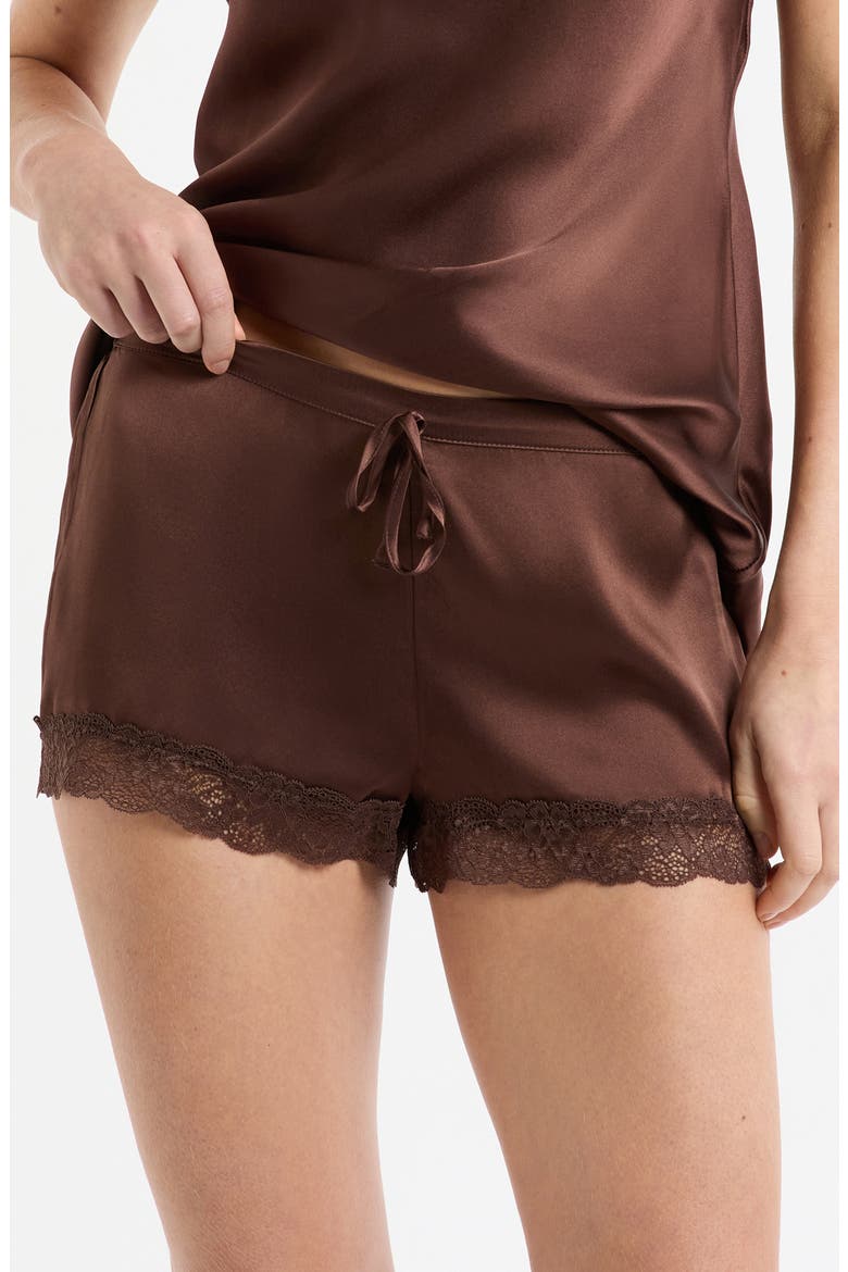 Milky Lace Trim Washable Silk Satin Pajama Shorts, Main, color, HENNA