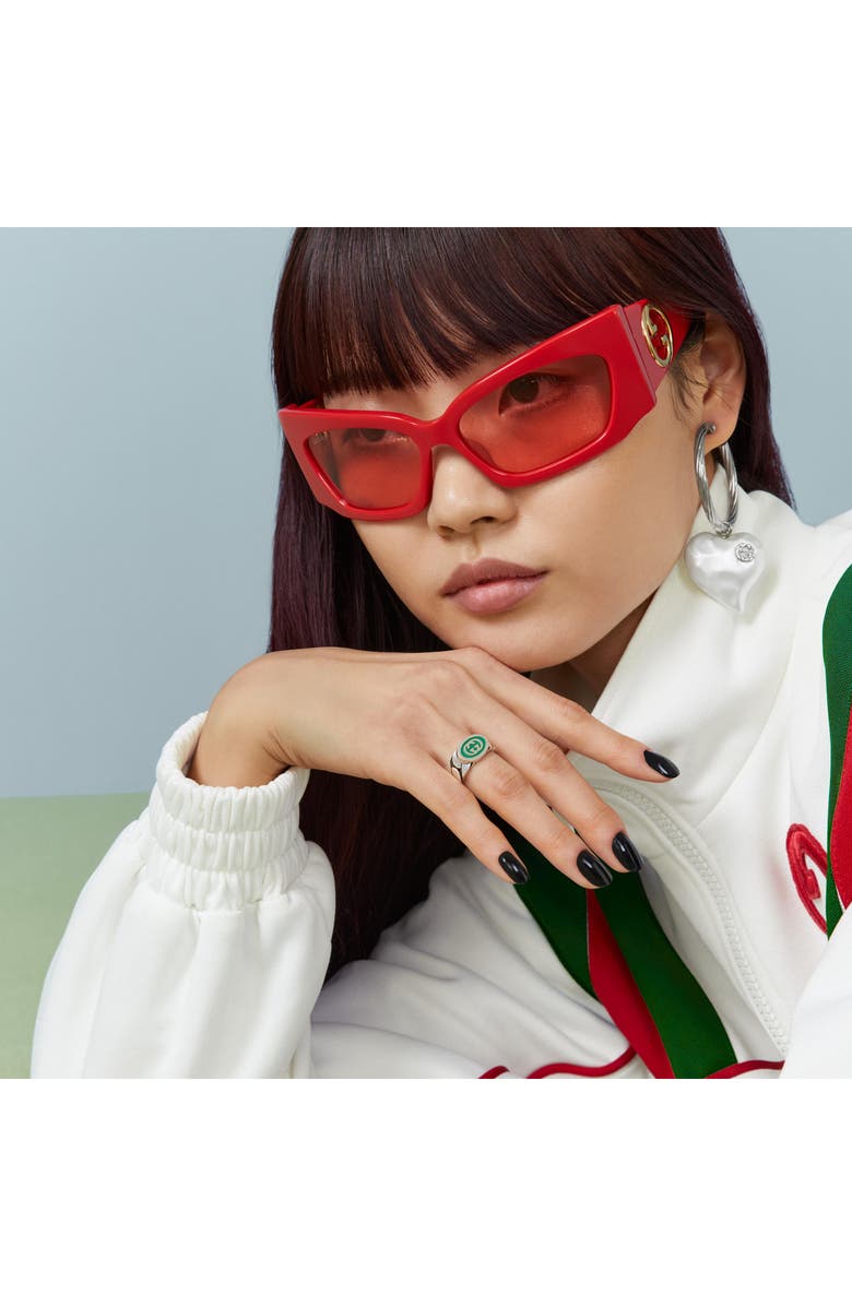 Gucci Interlocking-G Band Ring, Alternate, color, Sterling Silver/ Green