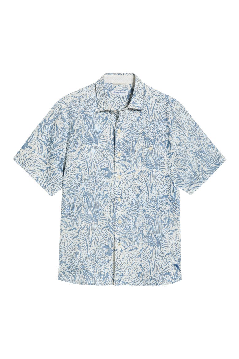 Antigo Vines Leaf Print Short Sleeve Linen Button-Up Shirt, Alternate, color, KINGFISH