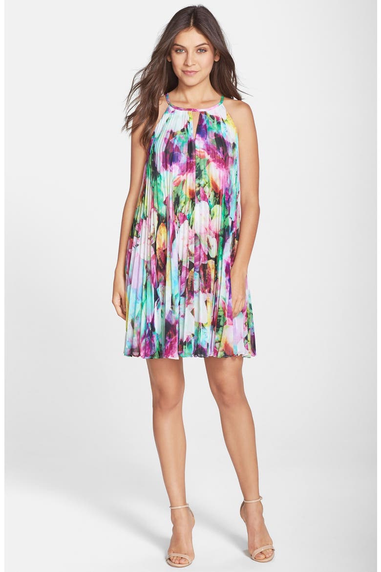 Floral Print Chiffon Pleated A-Line Dress, Alternate, color, PINK MULTI