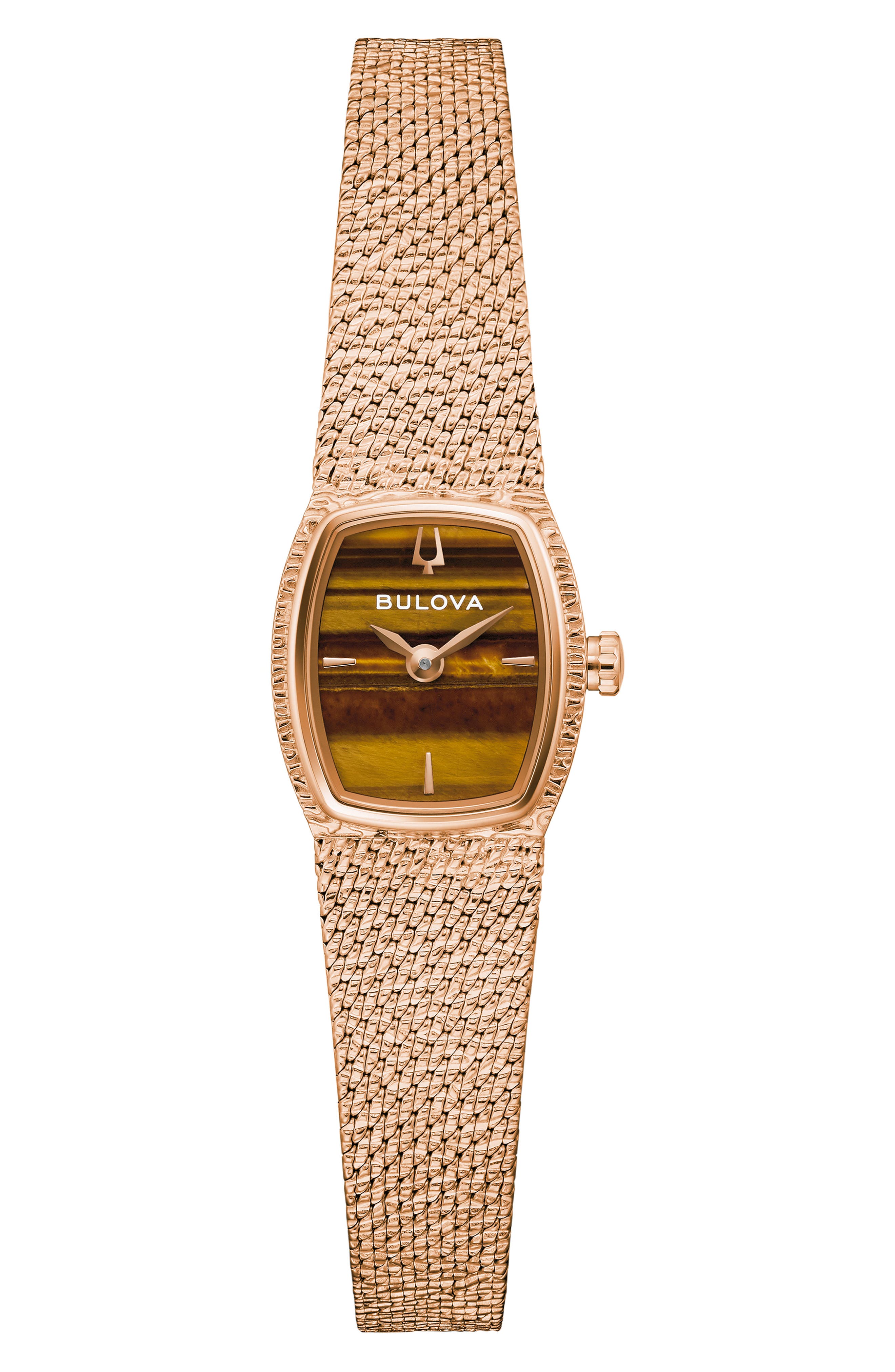 BULOVA Goddess of Time Tiger's Eye Mesh Strap Tonneau Watch, 17mm in Rose Gold-Tone 