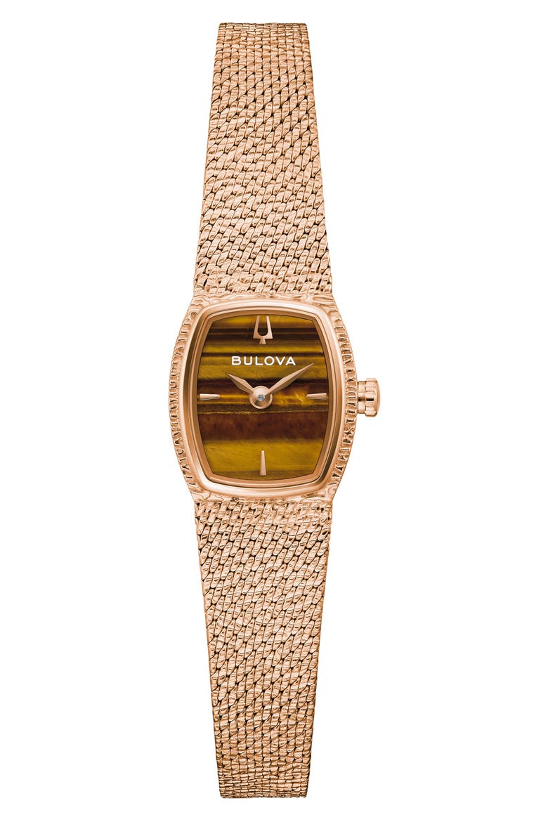 Goddess of Time Tiger's Eye Mesh Strap Tonneau Watch, 17mm, Main, color, ROSE GOLD-TONE