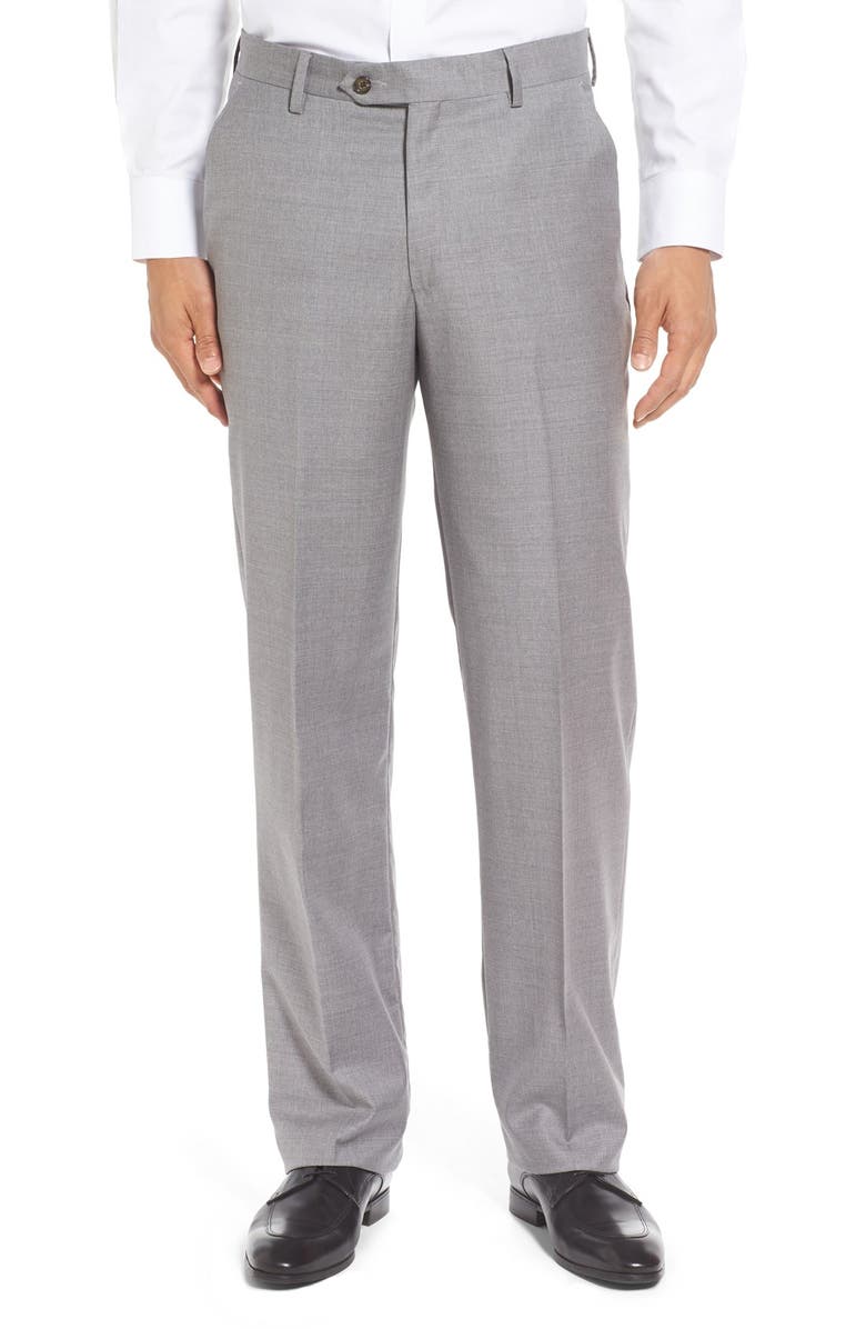 Berle Flat Front Solid Super 130s Wool Gabardine Trousers, Main, color, Light Grey
