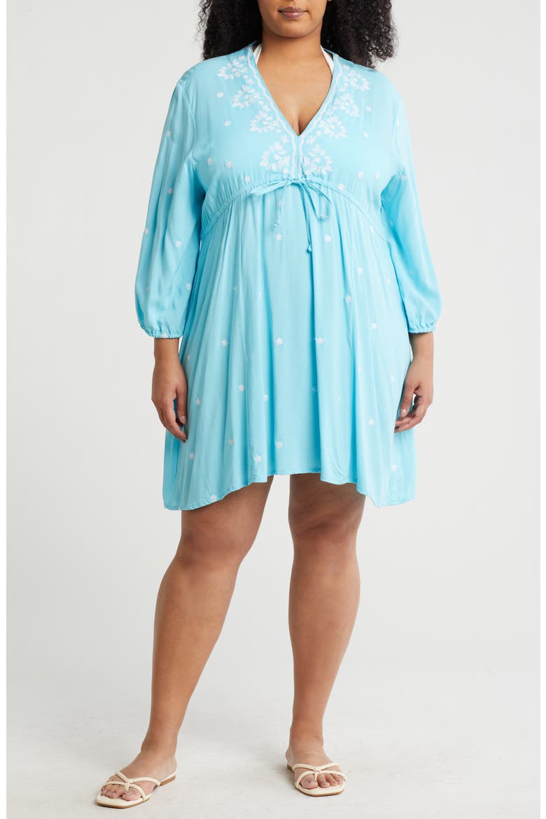 Embroidered 3/4 Sleeve Coverup, Main, color, AQUA