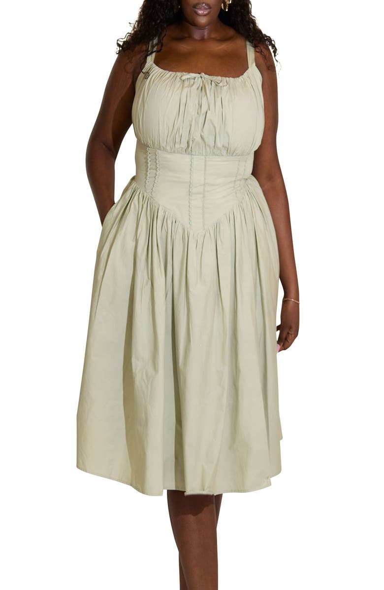Taideux Camille Fuller Bust Cotton Midi Corset Dress, Main, color, Sage