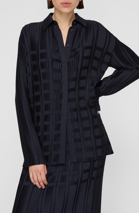 Basketweave Plissé Recycled Satin Button-Up Shirt