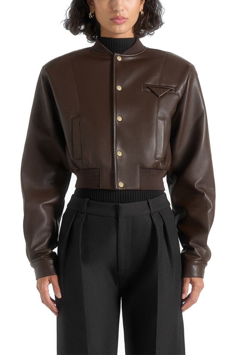 Zina Leather Wide Shoulder Bomber Jacket, Alternate, color, Brown