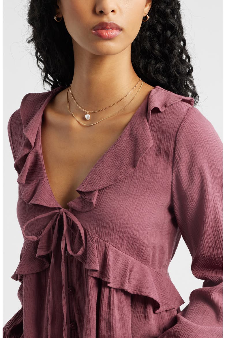 Ruffle Tie Neck Button-Up Shirt, Alternate, color, BURGUNDY SHADE