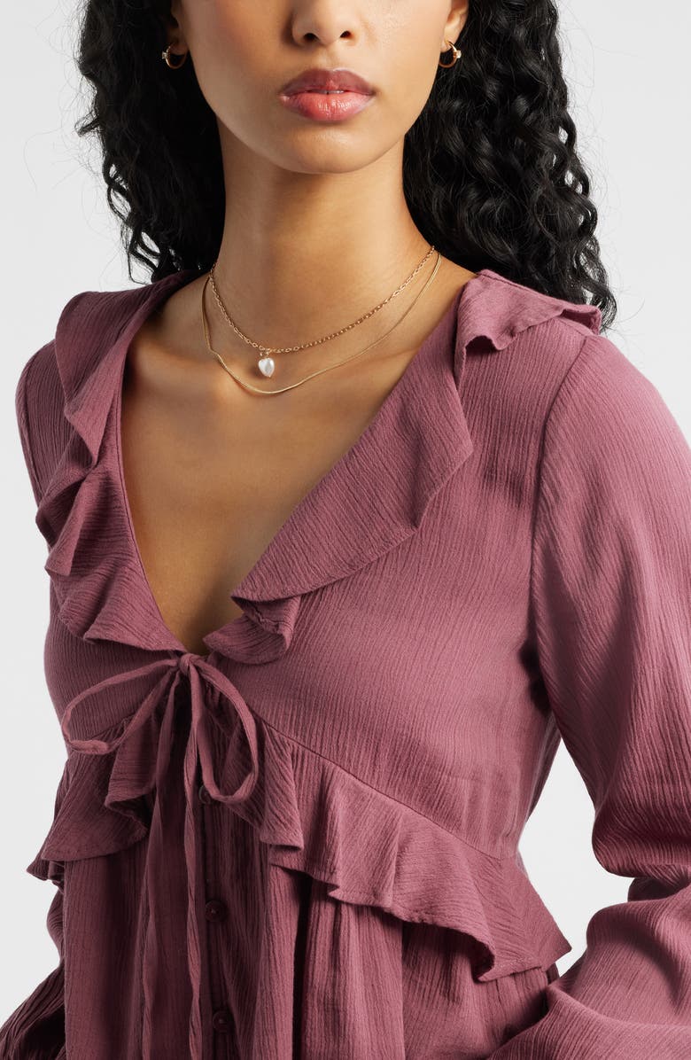BP. Ruffle Tie Neck Button-Up Shirt, Alternate, color, Burgundy Shade