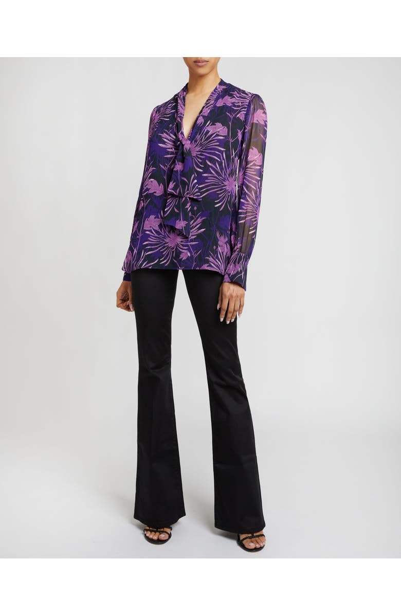 Santorelli Francis Blouse with Neck Tie in Abstract Floral Crinkled Georgette, Alternate, color, Cool Purple