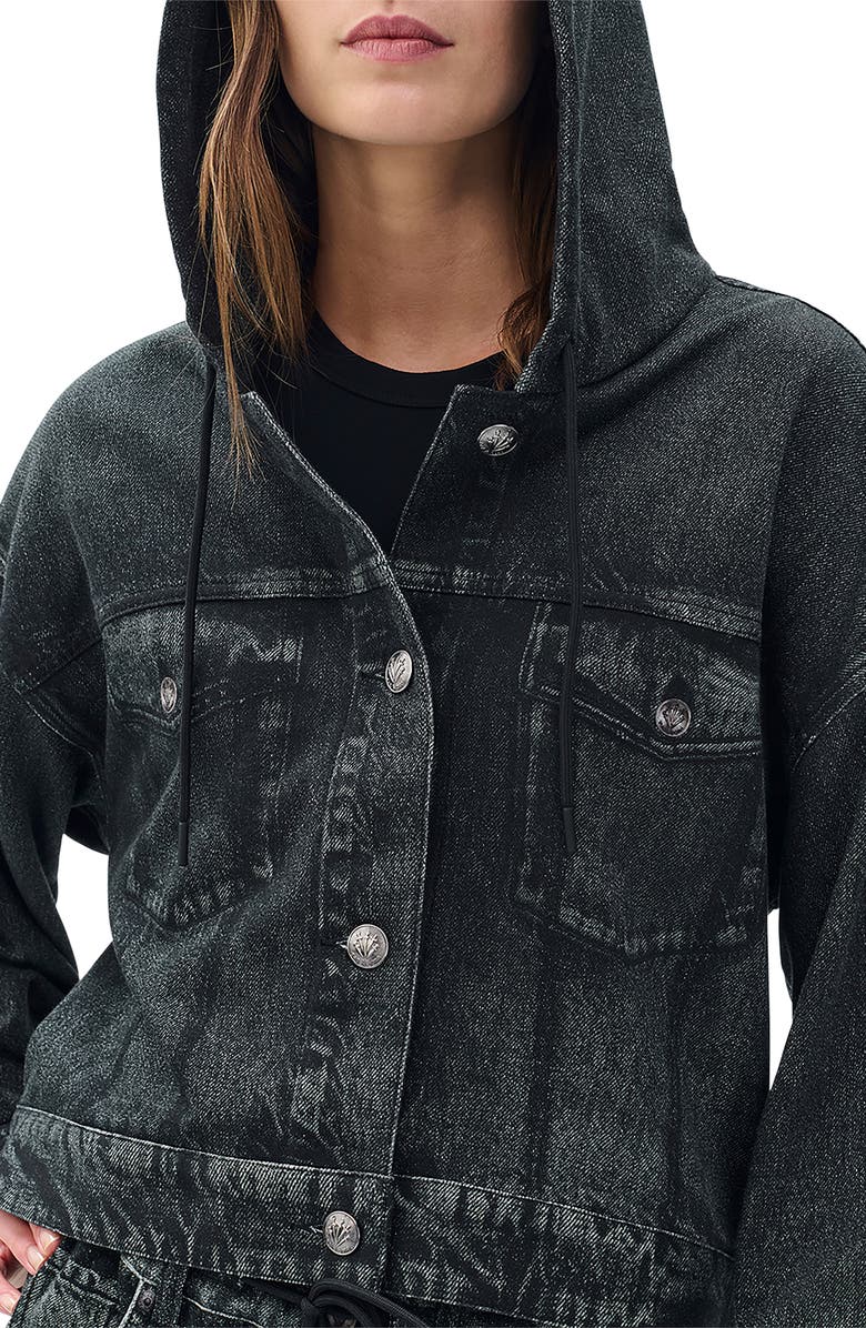 rag & bone Miramar Hooded Trompe l'Oeil Faux Denim Terry Trucker Jacket, Alternate, color, Faded Black