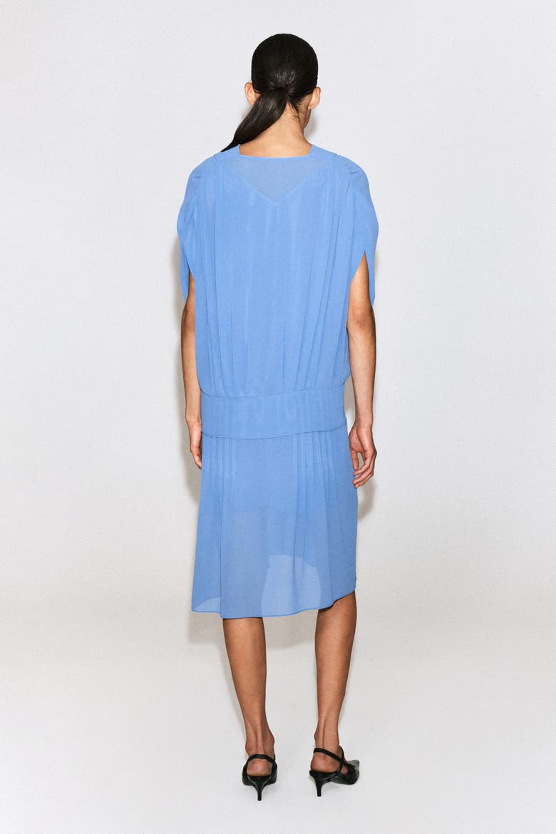 Draped Pleated V-Neck Midi Dress, Alternate, color, BLUE