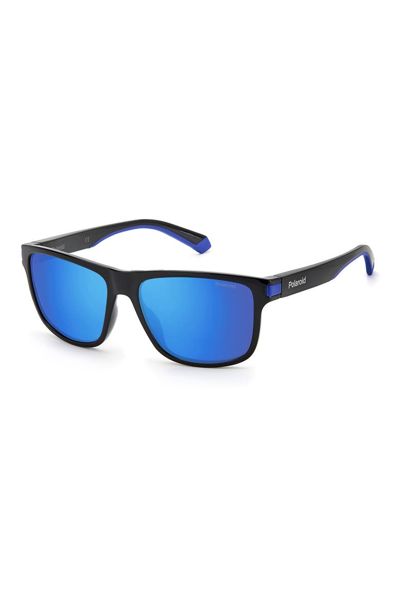 57mm Polarized Rectangular Sunglasses, Alternate, color, BLACK BLUE / BLUE MIRROR POLAR