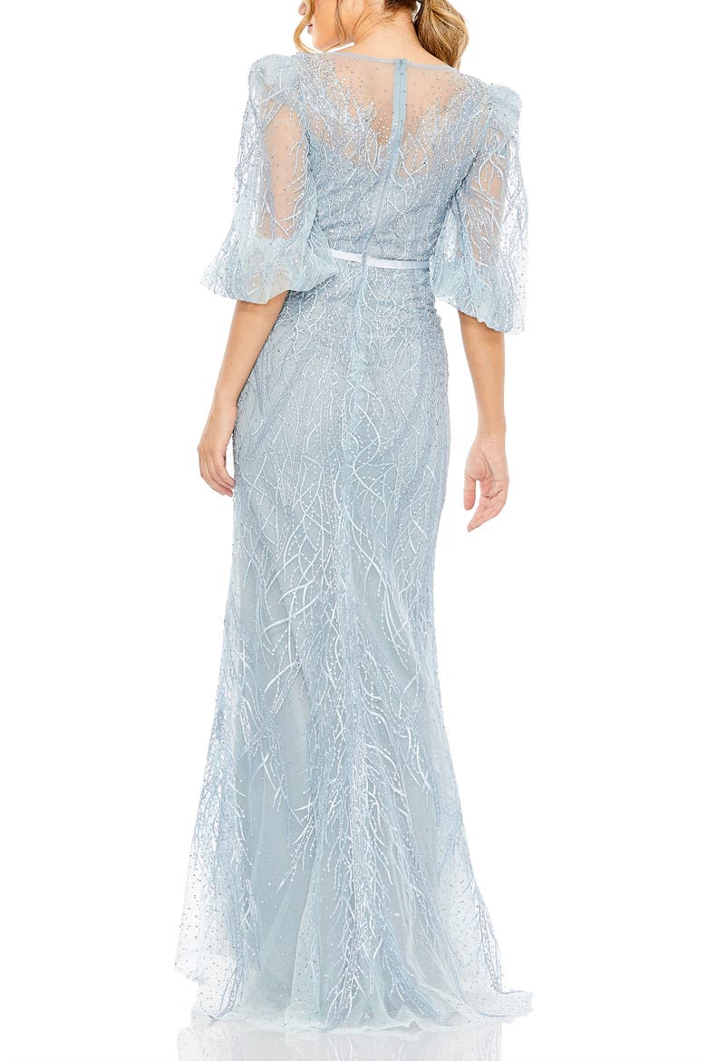 Embroidered Beaded Boat Neck Gown with Illusion Puff Sleeves, Alternate, color, Ice Blue