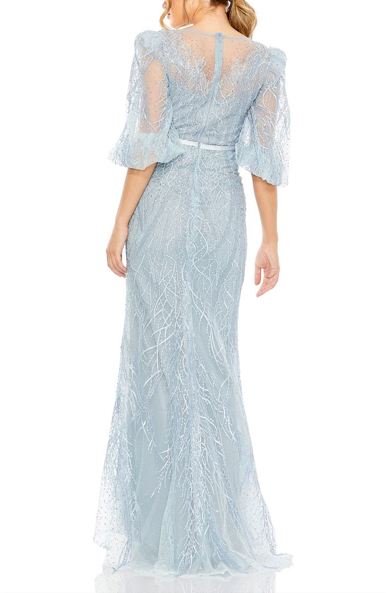 Mac Duggal Embroidered Beaded Boat Neck Gown with Illusion Puff Sleeves, Alternate, color, Ice Blue