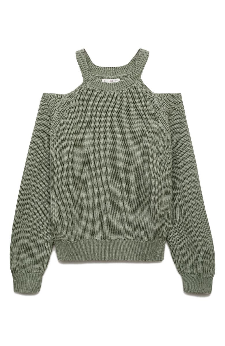 MANGO TEEN Cold Shoulder Cotton Crewneck Sweater, Alternate, color, Khaki Green