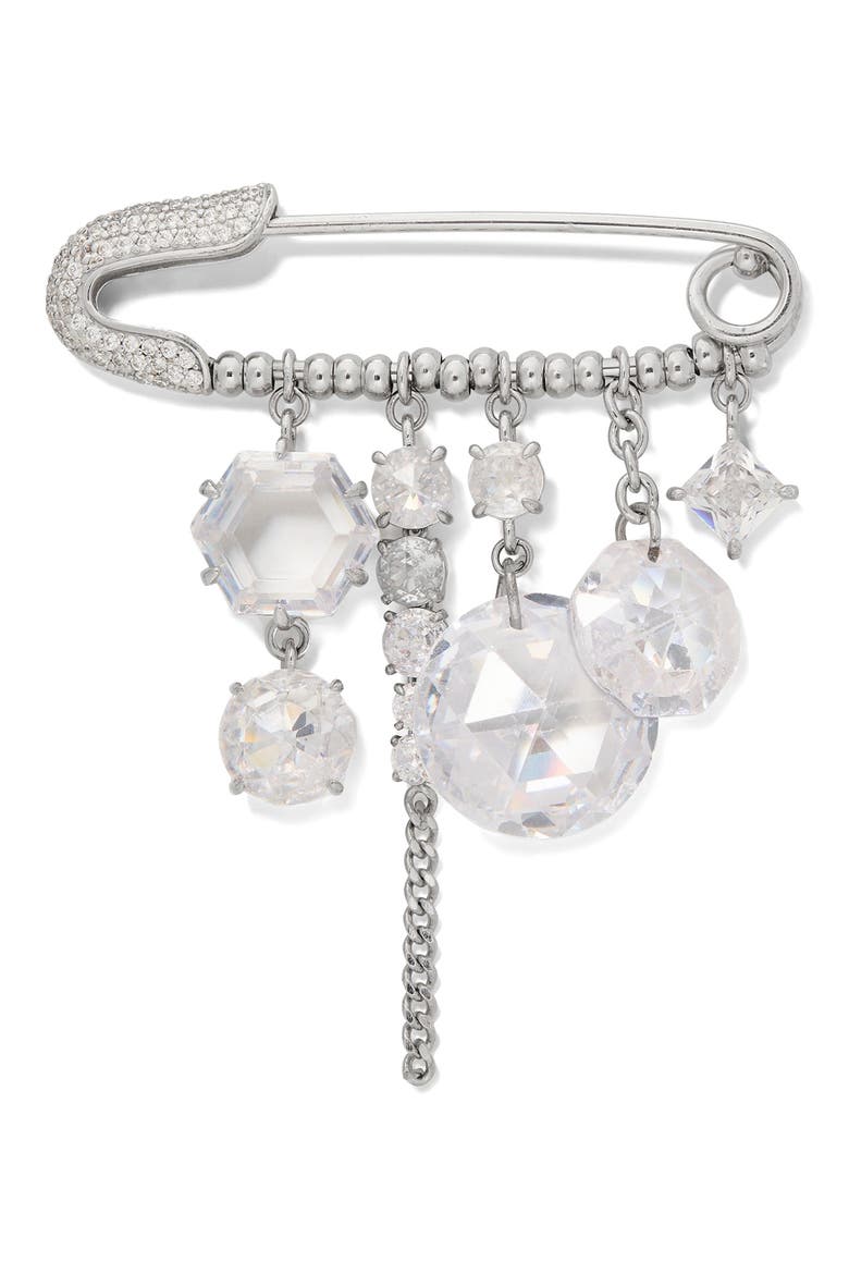 Opulence Cubic Zirconia Safety Pin Brooch, Main, color, CLEAR/ SILVER