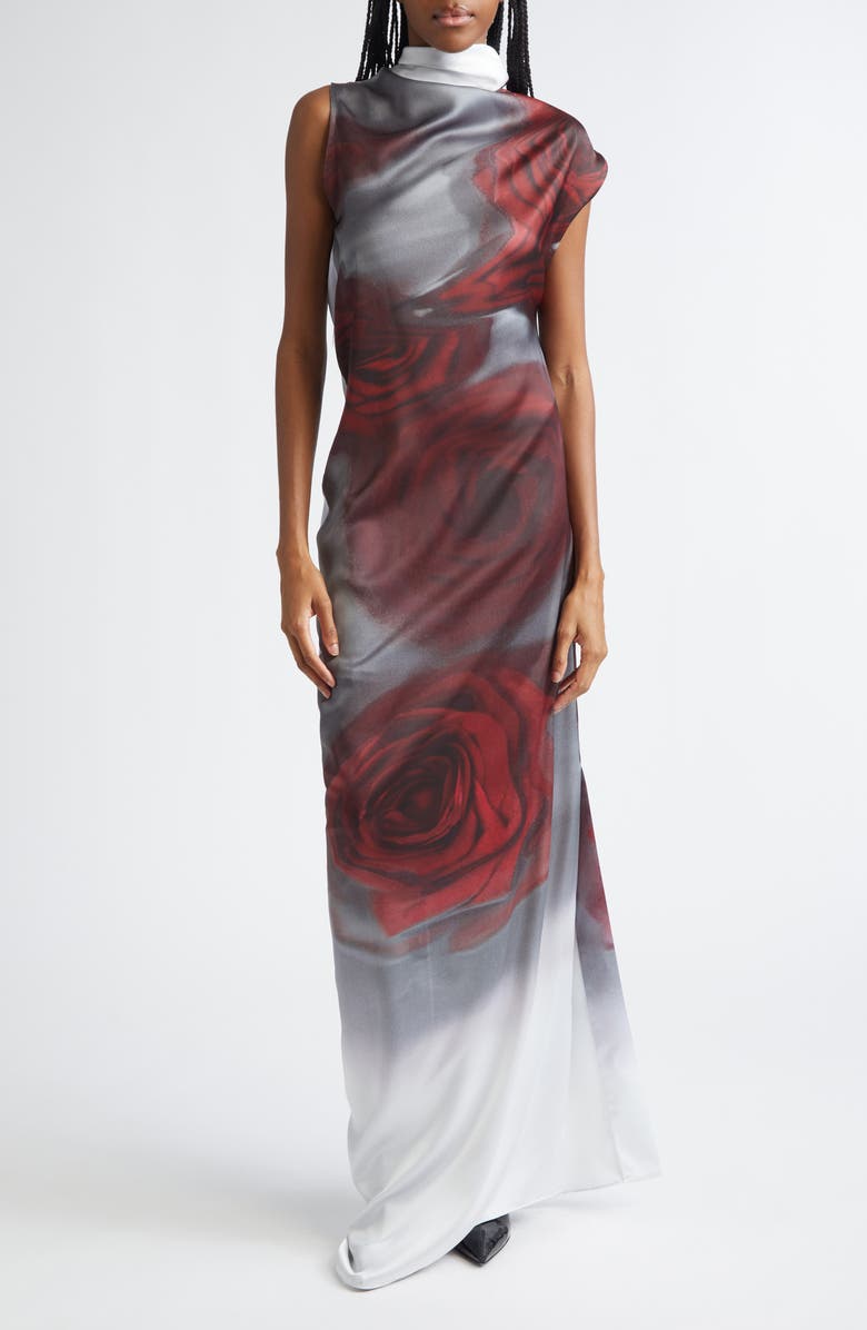Jean Paul Gaultier Blurry Roses Draped Satin Dress, Main, color, White/ Grey/ Red