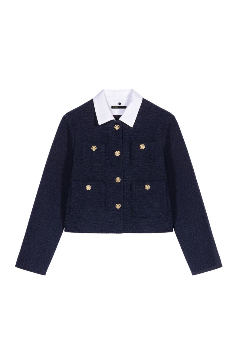 maje Cropped tweed jacket with removable collar, Alternate, color, Navy