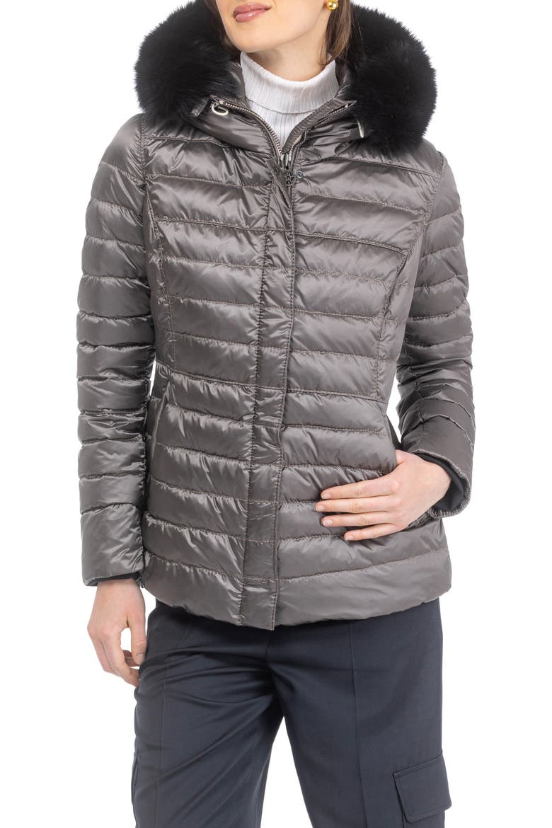 Apres-Ski Horizontal Short Jacket With Detachable Genuine Shearling Hood Trim, Alternate, color, GREIGE/BLACK