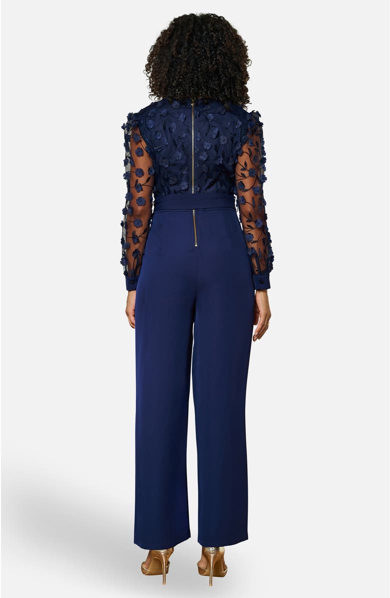 Yumi Sash Waist Floral Applique Wrap Jumpsuit, Alternate, color, Navy