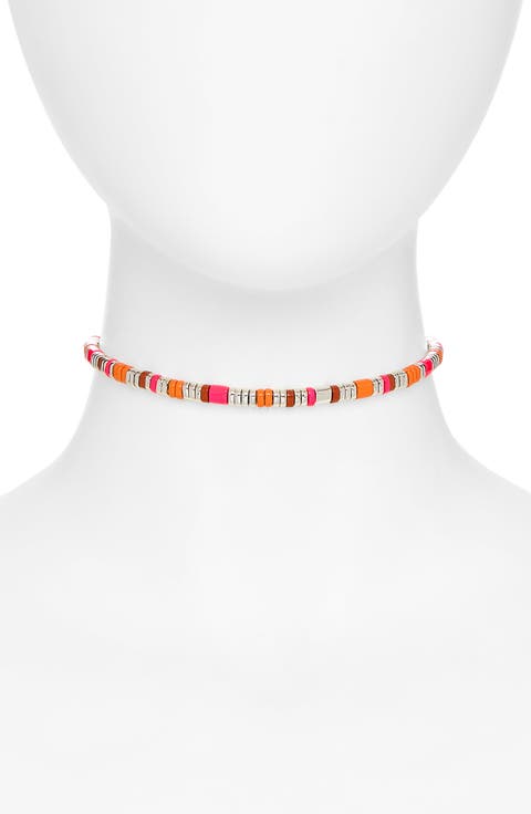 Colorblock Silver 5mm Necklace with Red Jasper with Neon Pink Enamel & Orange Enamel