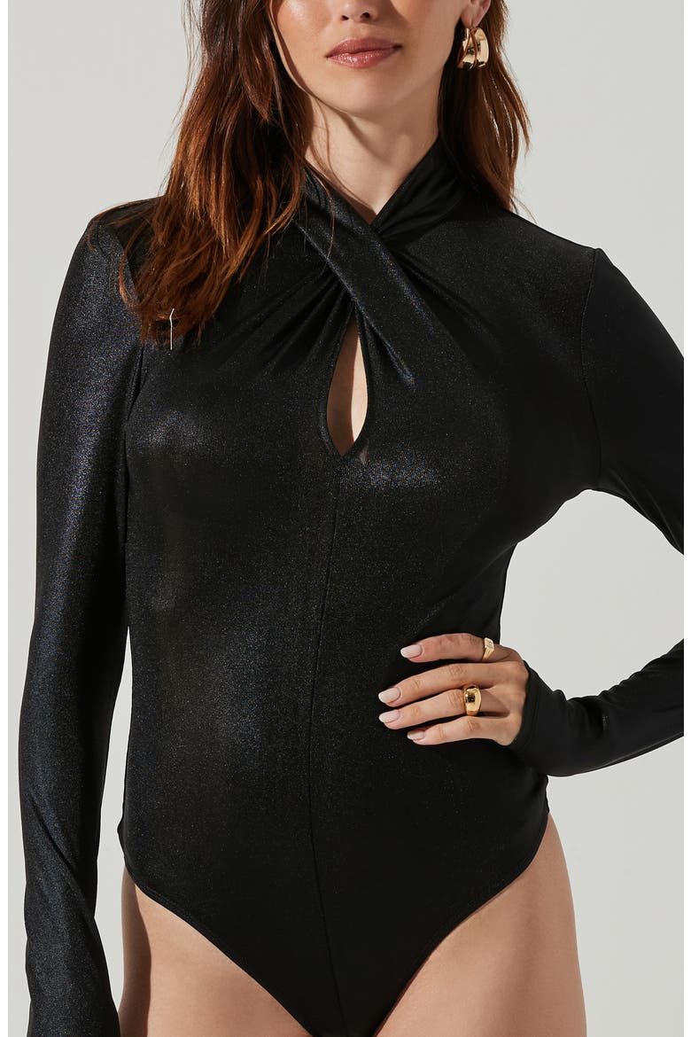 Glitter Cross Front Bodysuit, Alternate, color, BLK SHINE