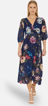 Yumi Watercolour Dip Hem Midi Wrap Dress