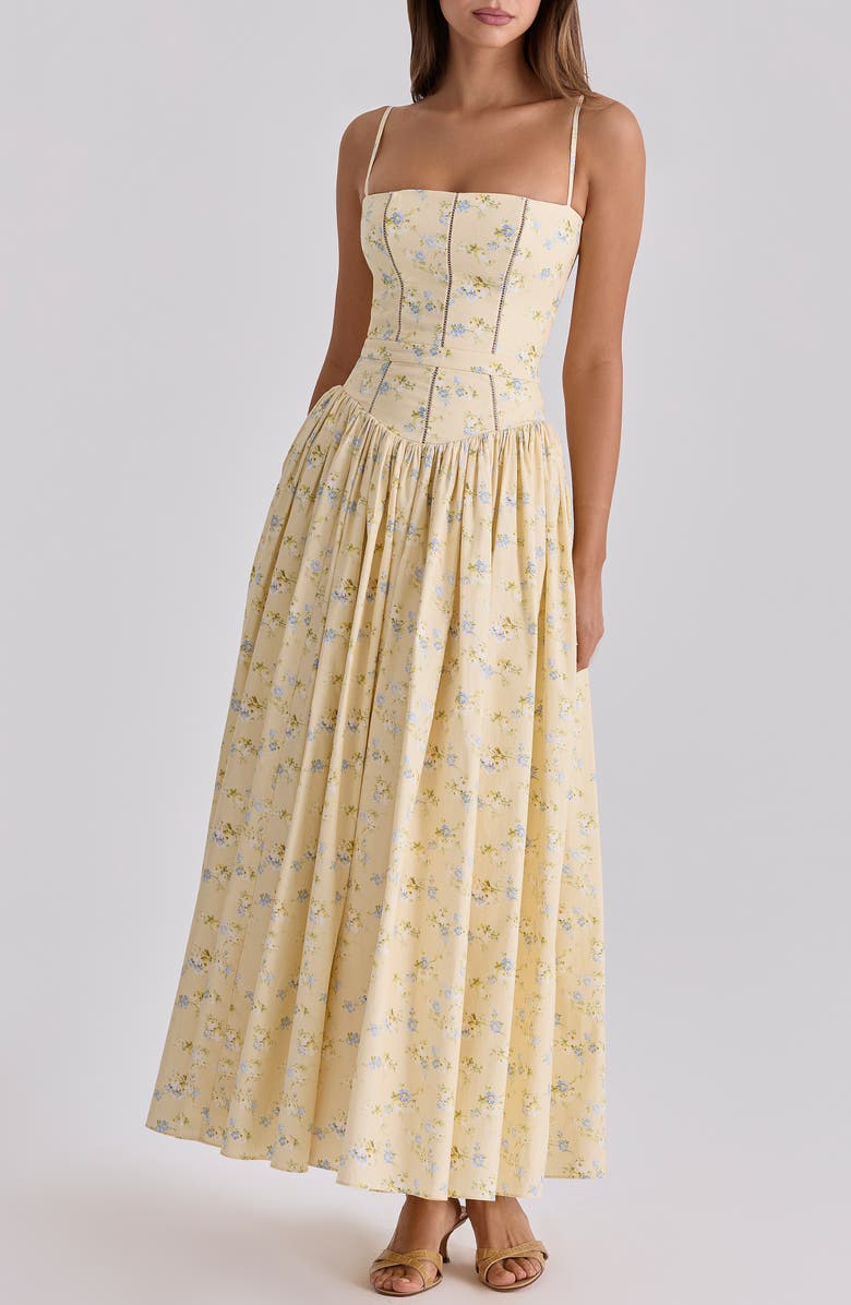 HOUSE OF CB Ysabella Floral Stretch Cotton Maxi Sundress, Main, color, Lemon Floral